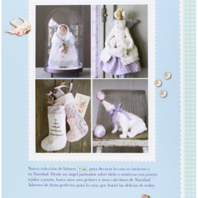 Contracapa de livro com imagens de bonecas de tecido e decoração natalícia