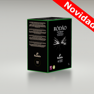 Embalagem vinho tinto Ródão 5L Rodoliv preta e verde com selo 'Novidade'