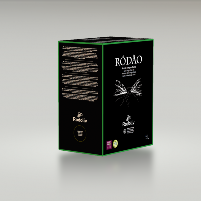 Caixa preta e verde de 5 litros com o nome RÓDÃO e desenho de asas de anjo