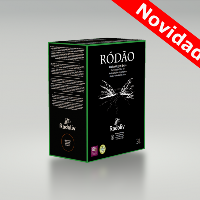 Caixa preta com azeite RÓDÃO 3L da marca Rodoliv e faixa vermelha NOVIDADE