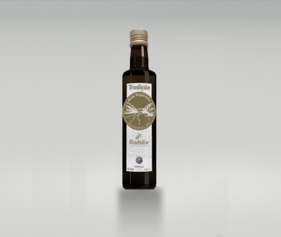 Garrafa de azeite Virgem Extra Rodoliv Tradição com rótulo branco e dourado