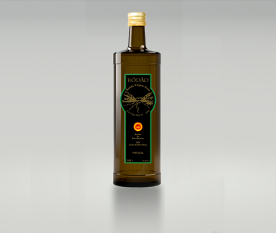 Garrafa de óleo de oliva Ródão virgem extra de vidro verde com rótulo preto