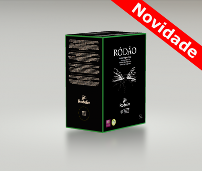 Embalagem vinho tinto Ródão 5L Rodoliv preta e verde com selo 'Novidade'