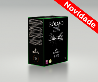 Caixa preta com azeite RÓDÃO 3L da marca Rodoliv e faixa vermelha NOVIDADE