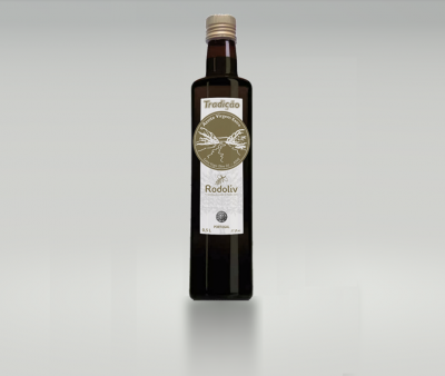 Garrafa de azeite Rodoliv com rótulo branco e selo dourado