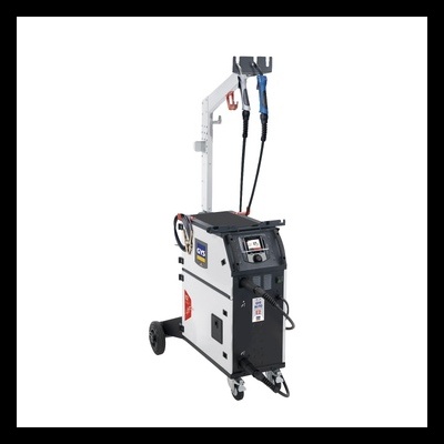 Máquina de soldar industrial branca e preta com dois cabos e rodas