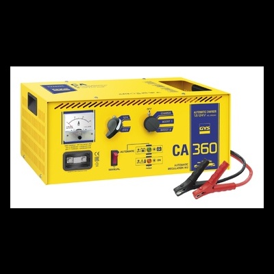 Carregador automático de bateria amarela com mostrador analógico e cabos com garras