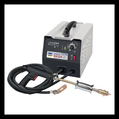 Maquina de soldar GYSPOT 34.04 branca com armação e pistola preta