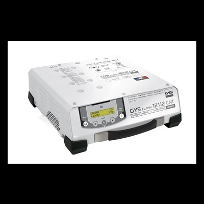 Carregador de bateria GYS branco com visor LCD amarelo e botões