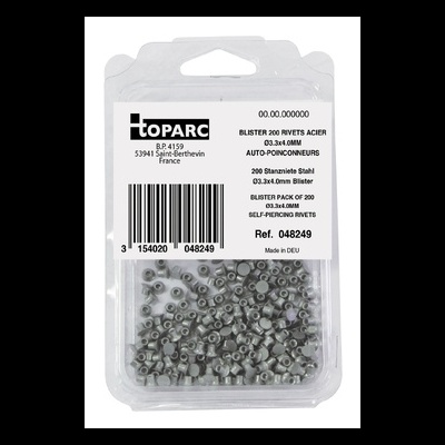 Blister transparente com 200 rebites auto-perfurantes de aço TOPARC