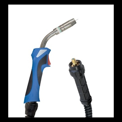 Manga de soldadura azul e preta com bocal metálico e cabo