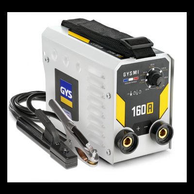 Soldadora GYSMI branca com detalhes amarelos e pretos e cabos com garras de metal