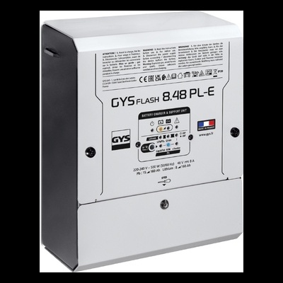 Carregador de bateria GYS FLASH 8.48 PL-E em caixa metálica cinzenta