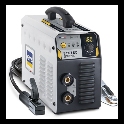 Máquina de soldar GYSTEC G 180 PFC branca e cinzenta com visor digital e cabos