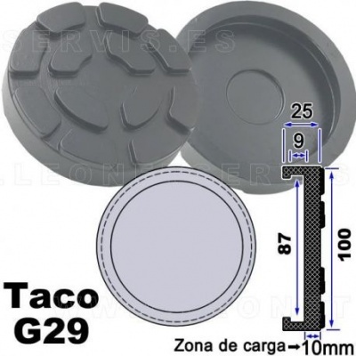 Taco plástico preto com textura e medidas indicadas, texto Taco G29 e Zona de carga.