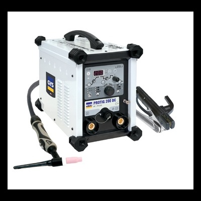 Máquina de soldar GYS PROTIG 200 DC branca e preta com cabo e suporte de eletrodo.