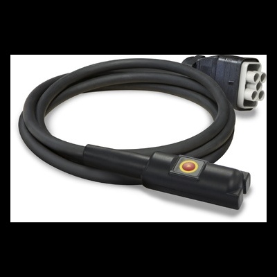 Cabo preto com conector e botão vermelho