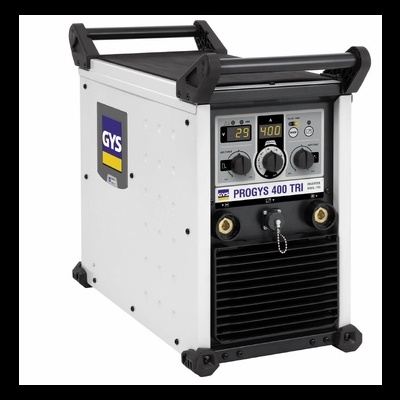 Máquina de soldar branca e preta GYS PROGYS 400 TRI com painel frontal digital