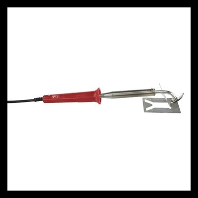 Ferro de soldar com cabo vermelho e suporte metálico