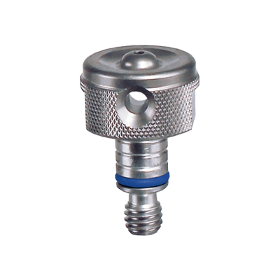 parafuso metálico prateado com anel azul e textura canelada