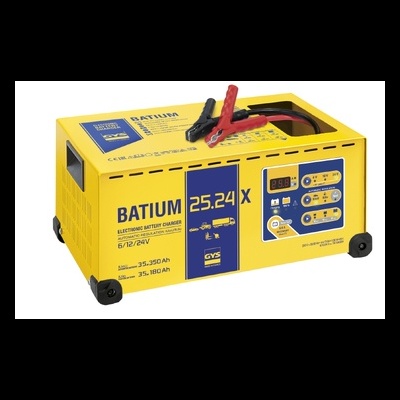 Carregador de bateria amarelo e azul com garras preta e vermelha e painel digital