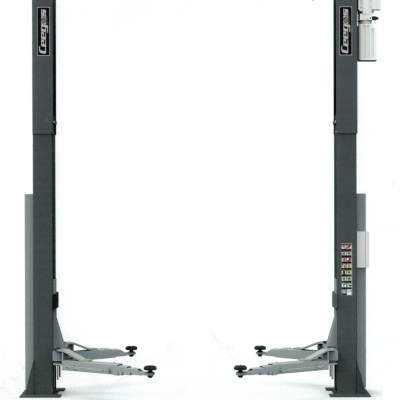 Elevador automóvel de duas colunas em metal cinzento com braços ajustáveis