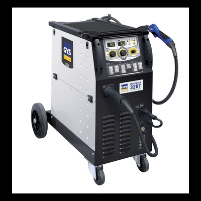 Máquina de soldar GYS MULTIPRO 320T com mostradores e botões amarelos e rodas