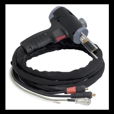 Pistola de soldagem preta com cabos e conectores