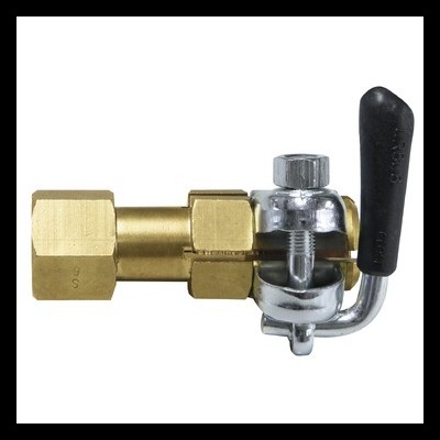 válvula metálica com pega preta e componentes dourados e prateados