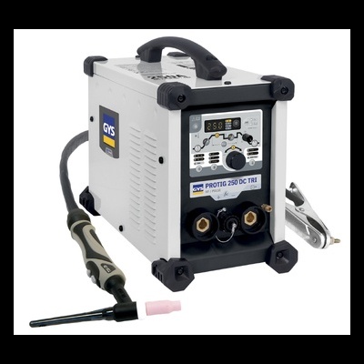 Máquina de soldar portátil GYS PROTIG 250 DC TRI cinza e preta com cabo e pinça