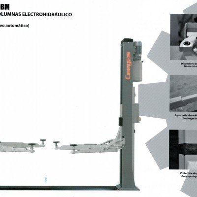 Elevador electro-hidráulico de duas colunas cinzento com braços ajustáveis e texto técnico