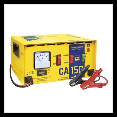 Carregador automático GYS CA 150 amarelo com mostrador e cabos