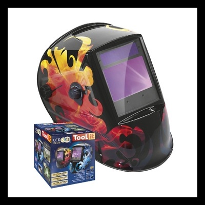 Máscara de solda com desenho de chamas e caixa azul