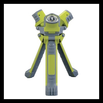 Lanterna portátil verde e cinza com suporte tripé e luz LED