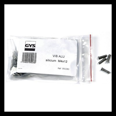 Pacote de parafusos metálicos prateados com etiqueta GYS e texto VIS ALU silicium M4x12