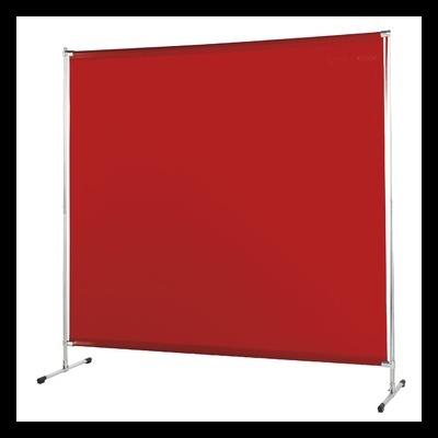 Ecrã de projeção vermelho com estrutura metálica prateada e suporte