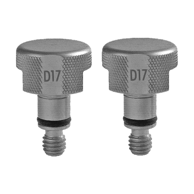 Par de botões metálicos prateados com inscrição D17 e anel preto