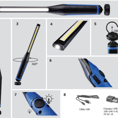 Lanterna de trabalho LED preta e azul com base rotativa e cabo USB.