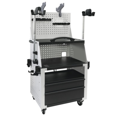 Carrinho de ferramentas móvel branco e preto com três gavetas e painel perfurado