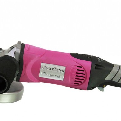 esmerilhadora elétrica rosa e preta com roda abrasiva, vista lateral
