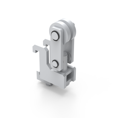 Conector mecânico articulado cinza claro com parafusos, sobre fundo branco