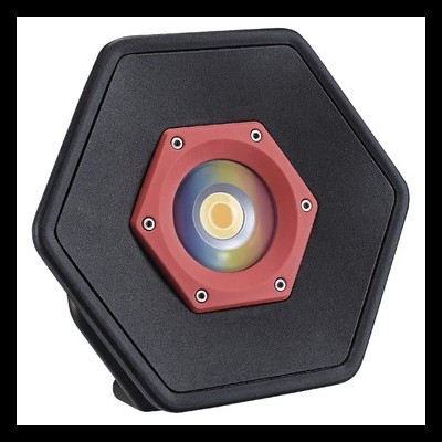 Lâmpada LED hexagonal preta com aro vermelho e luz central circular