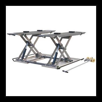 Elevador para motos em metal cinzento com barra com roldanas