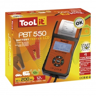 Caixa do testador de baterias Tool it PBT 550 com cores amarelo, laranja e vermelho