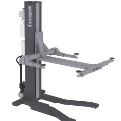 Elevador metálico cinzento e preto com texto Corgi