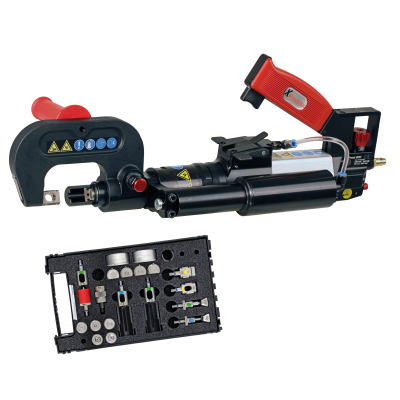 Ferramenta pneumática preta e vermelha com caixa de peças e compartimentos