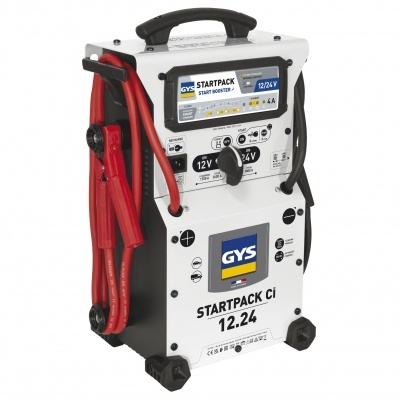 Arrancador de bateria automóvel Startpack Ci GYS 12V 24V branco e preto com cabos vermelhos e pretos