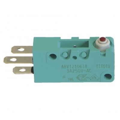 Interruptor microborda azul claro com três terminais metálicos e botão branco com centro vermelho