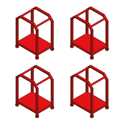 Quatro carrinhos pequenos vermelhos com diferentes estruturas tubulares superiores sobre fundo preto