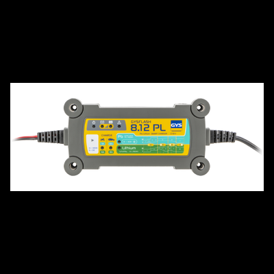 Carregador de baterias GYSFLASH 8.12 PLC da GYS com ecrã digital e rótulos coloridos